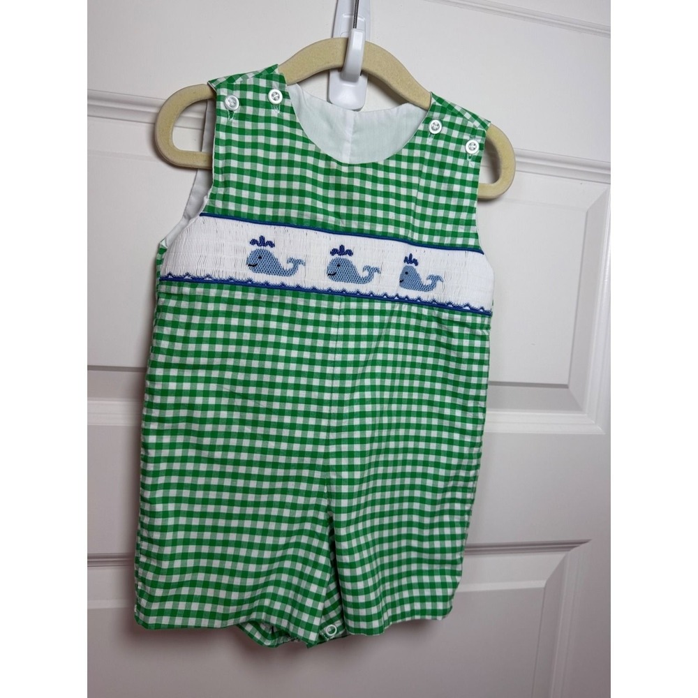Classic Whimsy Green Gingham Smocked Whale Romper Jon Jon 12M Cotton